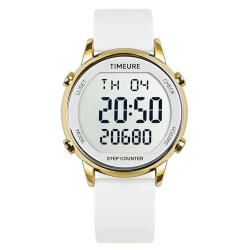 TIMEURE Pedometer Watch for Women Step Counter for Walking No App/Phone Required Step Counter Waterproof Fitness Calorie Tracker Distance Tracking Alarm Large Digital Display TU-2509 (White)