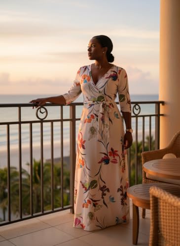 Image of FANDEE Plus Size Maxi Dress for Women Casual Summer Sundress V-Neck 3 /4 Sleeve