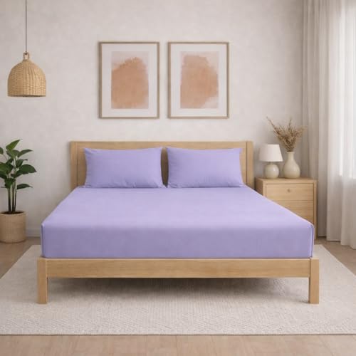 Image of THE HOME STYLE Solid Plain Cotton Feel Fitted Bedsheet (72x78 inches) with Reversible Comforter (90x100 inches) | King Size | 2 Pillow Covers | 300 TC | 4-Piece Bedding Set (Lavender)