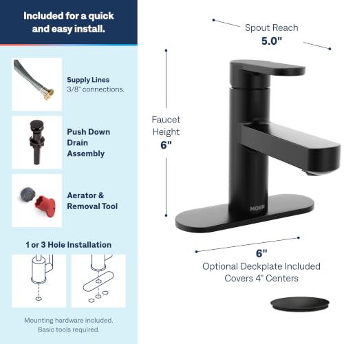 Moen Laris Matte Black One-Handle Single Hole Modern Bathroom Sink Faucet with Optional Deckplate and Spring Loaded Drain Assembly, 84014BL - image 2
