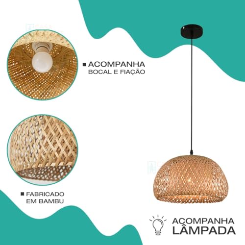 Luminária de Teto Lustre Pendente Bambu Fundamentum Malibu Rústico 45cm Bamboo