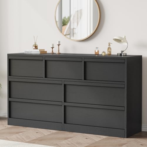 GarveeHome 7 Drawer Dresser for Bedroom, 54in Wide Antique White 7 Chest of Drawers with Large Storage, Wooden Dresser Organizer for Living Room, Nursery, Entryway