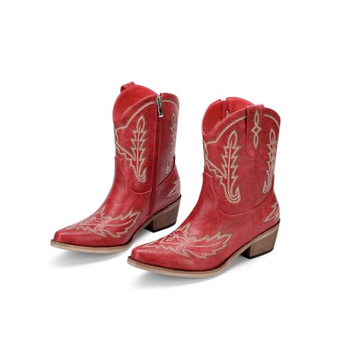 Image of Rhinestone Ankle Cowboy Boots for Women Embroidered Short Cowgirl Boots with Low Heel Side Zipper Comfortable Chunky Heel Western Booties for Prom Party Wedding Pull On Shoes
