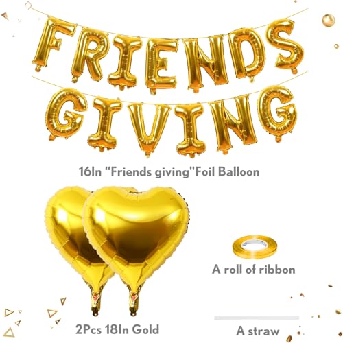 Image of Friendsgiving Balloons Friends Giving Party Decorations 16 Inches Tall Gold Heart Friendsgiving Foil Mylar Balloon Letter Banner for Fall Theme Thanksgiving Friends Party Backdrop Supplies