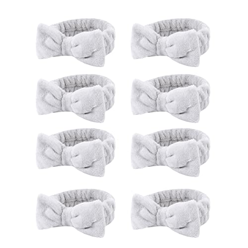 Casoty 8 Pcs Grey Spa Hair Bands for Women, Bow Fleece Headbands for Makeup, Shower, Yoga, and Skincare