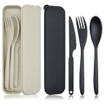 JINGIHE 2pc Reusable Portable Travel Utensils with Case, Plastic Fork Knife Spoon Set, Lightweight for Picnic, School, Office & Outdoor Use (Black + Beige)