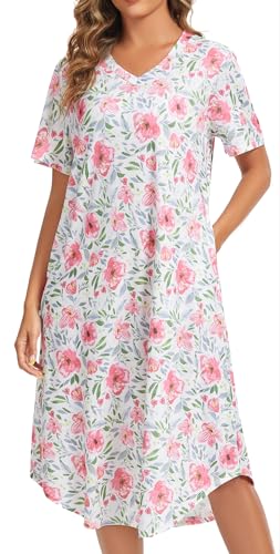 Image of Kabento Nightgowns for Women Cotton Short Sleeve Long Night Gowns with Pockets