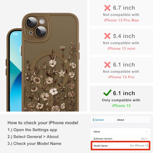 Image of Magnetic for iPhone 13 Case with Screen Protector, Brown Flower | Pretty Floral Pattern Design [Compatible with MagSafe] [Full Camera Protection] Shockproof Slim Cover for Women Girls
