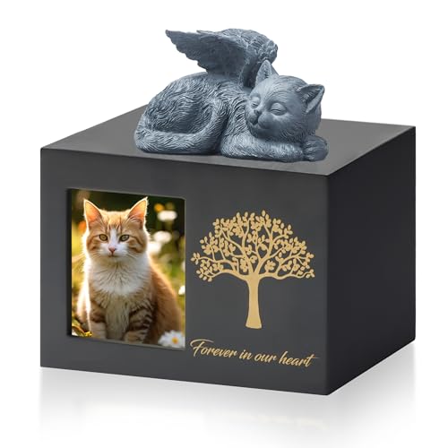 DiDiBirDi Cat Urns for Ashes, Tree Pattern Wooden Keepsake with Photo Frame, Pet Urn Memory Box with Resin Animal Statue and Sealed Storage Bags (75lbs)?Black?