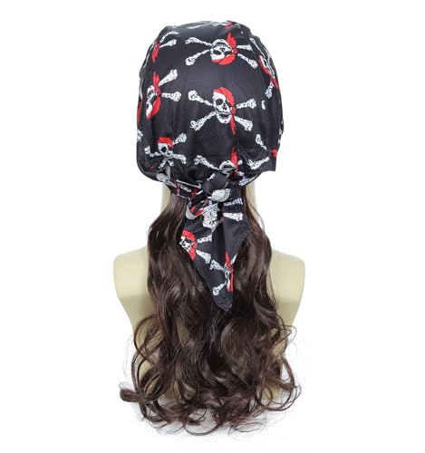 Image of Skull Bandana Mullet Wig for Men Women, 80s Curly Wig with Pirate Durag, Perfect for Halloween, 4th of July, Country Concert Biker Costume(Medium Brown)
