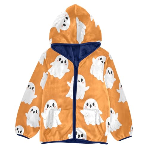 Cute Ghosts on Orange Background Toddler Fleece Jacket Girl Boys Hooded Fleece Jacket Coat Warm Outwear Zip-up 3-10T