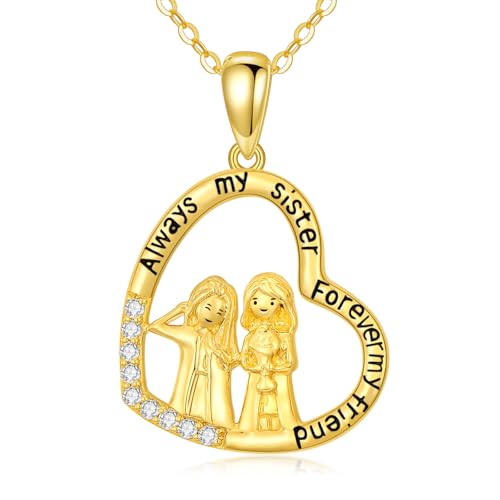 KECHO 14K Real Gold Sister Necklace for Women - Heart Mother Pendant Jewelry for Brother - Mothers Day Birthday Gifts for Mom Friends