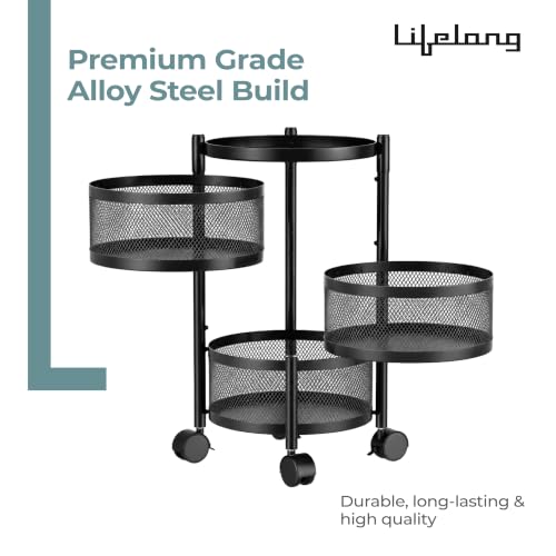 Image of Lifelong 3-Tier Multipurpose Organizer Cart with 360-Degree Rotating Wheels | Round Mesh Basket Trolley | Metal Storage Rack for Vegetables, Fruits, Utensils | Foldable Kitchen Trolley Stand