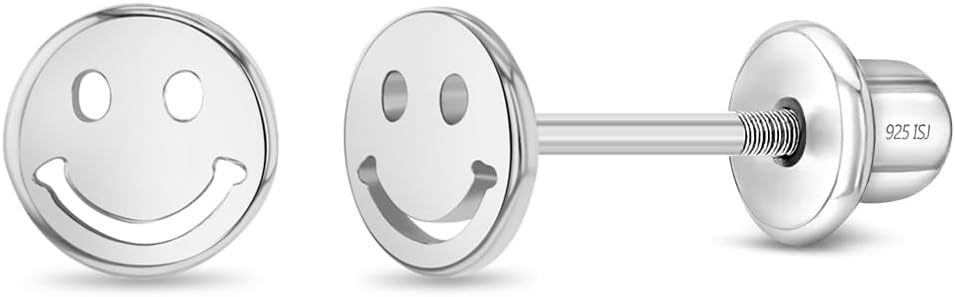 925 Sterling Silver Polished Smiling Face Screw Back Earrings For Young Girls & Preteens - Adorable Simple Face Girl Earrings - Stylish Hypoallergenic Teen Accessories