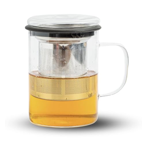 Image of Sipologie Inspire Tea Infuser Mug | Ideal for Brewing Loose-Leaf Tea | Premium Clear Crystal Glass Mug with Fine Mesh Stainless Steel Infuser and Dual-Purpose Glass Lid, 350ml