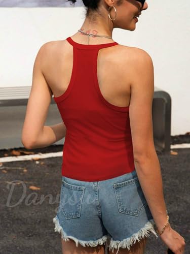 Image of Danysu V Neck Racer Back Tank Top for Women Padded Ribbed Long Tank Fitted Basic Cami Tops