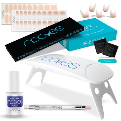 NOOVES Starter Kit: 2 Láminas de Gel + Lámpara Secado + Top Coat + Quartz Dual Stick| 40 uds Beauty Nude, Semicuradas y Veganas con Lima y Palito de Naranjo