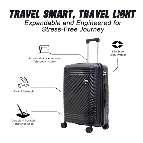 Image of AMERICAN TRAVELLER Tourisalined Trolley Bag| Polypropylene Hard Shell Luggage | Waterproof & Expandable Suitcase for Travel | 8 Smooth Spinner Wheels | Durable Travel Trolley Bag (20, Black)