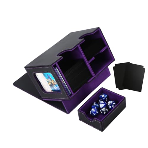 Venssu MTG Deck Box for Commander or Prime Card Display with Dice Tray,Card Deck Box Fits 200 Single Sleeved Cards, TCG Card Storage Box with 2 Dividers and 1 magnetic card holder (Black?Purple)