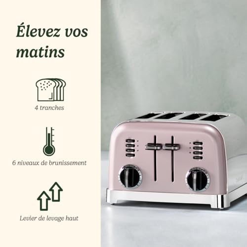 Cuisinart Grille-pain 4 tranches - Fentes larges, idéal pour le pain épais et les bagels - 6 niveaux de brunissage et décongélation - Fentes larges, Remontée maximale - Rose vintage – Image 3