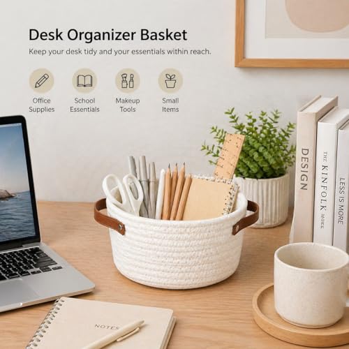 Image of Small Woven Basket, Cute Mini Cotton Rope Storage Basket with leather handle, Tiny Decorative Round Storage Bin, Boho Empty Gift Baskets for Organizing, Toy Organizer for Nursery (Narrow handle)