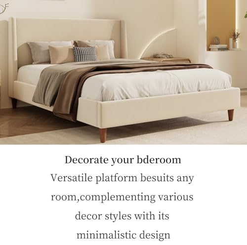 Image of Merax Velvet Queen Size Bed Frame with Wingback Headboard, Solid Wood Upholstered Platform with Round Legs, No Box Spring Needed, Beige