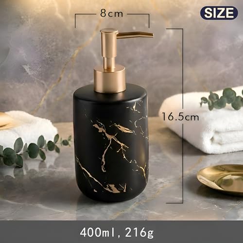 Image of Ceramic Soap Dispenser (Luxe Black) - 400ml Refillable Lotion Shampoo Bottle Matte Black & Gold Marbling Elegant Bathroom & Kitchen Counter Accessory Premium Pump Bottle
