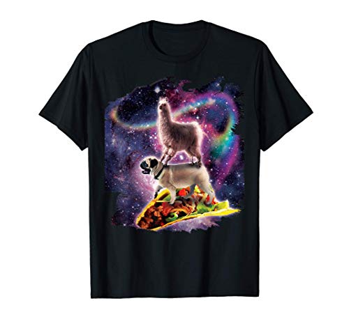 Rainbow Space Llama On Pug Riding Taco T-Shirt