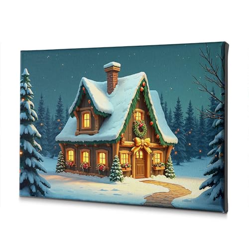 Décoration murale maison enneigée tableau toile festive chambre coucher 40x60