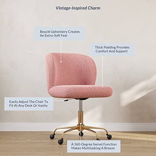 Belleze Modern Upholstered Boucle Desk Chair With Swivel Wheels And Adjustable Height, Decorative Rolling Office Or Vanity, Stylish Comfy - Aston (Gold - Pink) #TOP3