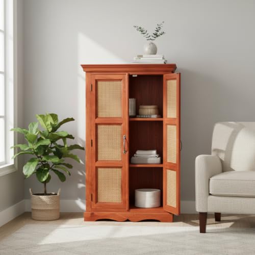 Image of APRODZ Mojo Sheesham Wood Two Door Cane Wardrobe (Sheesham Wood - Honey)