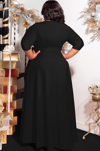 Runwind Casual Plus Size Long Maxi Dress for Curvy Women Crew Neck 3/4 Sleeve Wedding Guest Dresses with Belt & Pockets4