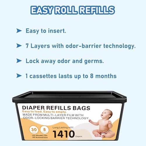 Image of Diaper Pail Easy Roll Refill Bags, Compatible with Genie Easy Roll Signature and Platinum Pails, Each 30 Bags Holds Up to 1410 Newborn Diapers, 7-Layer Odor-Barrier Technology, 3 Pack (90 Bags)