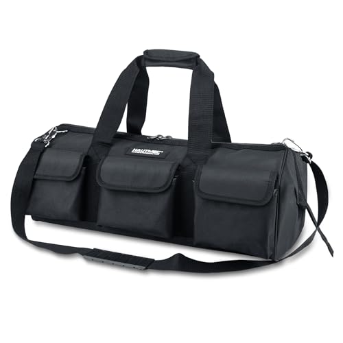 HAUTMEC 24” Large Tool Bag, Heavy-Duty Wide Mouth Tool Bag with Waterproof Hard Base, 21-Pocket Tool Organizer with Metal Frame, Double Zippers & Shoulder Strap for Heavy Tools – HT0184
