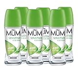 Mum Sensitive Aloe Vera Roll On Deodorant, 48 Hours Plus Protection, Alcohol Free for Sensitive Skin Womens Mens Deodorant, Anti-Perspirant, Vegan, Sustainable Glass Bottle, 50 ml, Pack of 6