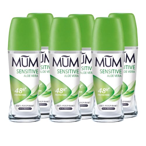 Mum Sensitive Aloe Vera Roll On Deodorant 48 Hours Plus Protection Alcohol Free for Sensitive Skin Womens Mens Deodorant Anti-Perspirant Vegan Sustainable Glass Bottle 50 ml Pack of 6