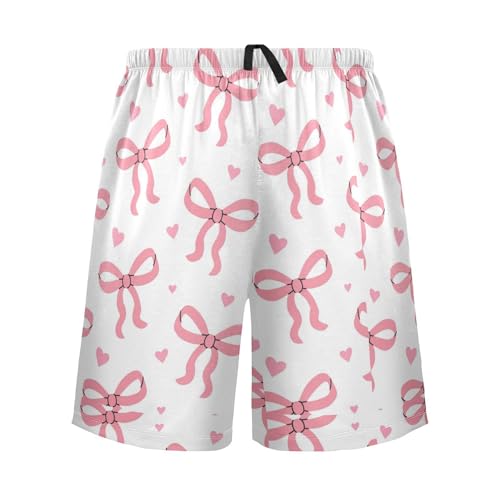 Vdsrup Mens Pajama Shorts Pink Bows Sleep Shorts Men Hearts Pajama Bottoms With Pockets Drawstring Lounge S2