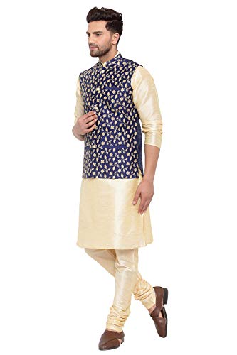 Image of KRAFT INDIA Men's Stylish Silk Kurta with Churidar & Nehru Jacket Set