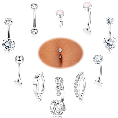 FIASASO 9 Pcs Gold Belly Button Ring - Surgical Stainless Steel Floating CZ Opal Heart Clicker Belly Piercings for Women Navel Belly Piercings Jewelry Pack Silver/Gold