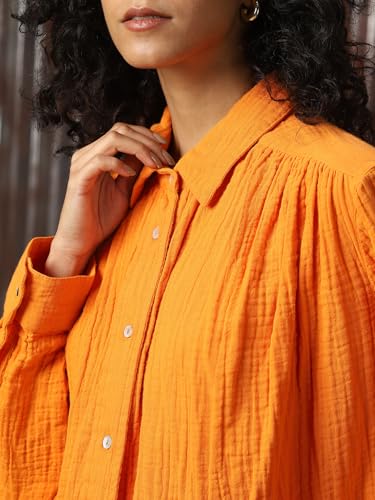 Image of High Star Women Cotton Solid Oversized Fit Casual Collar Full Sleeves Shirts
