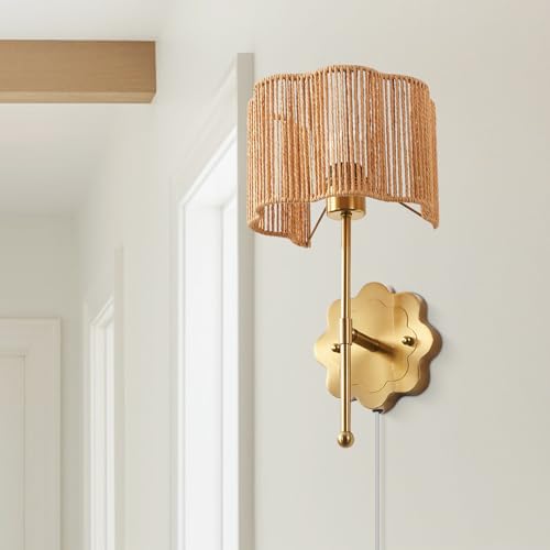 Image of Boho Rattan Wall Sconces, Plug in Cord Hand Woven Wicker Wall Light Brushed Brass Finish Flower Shade Set of 2 for Bedside,Living Room, Hallway, Fireplace