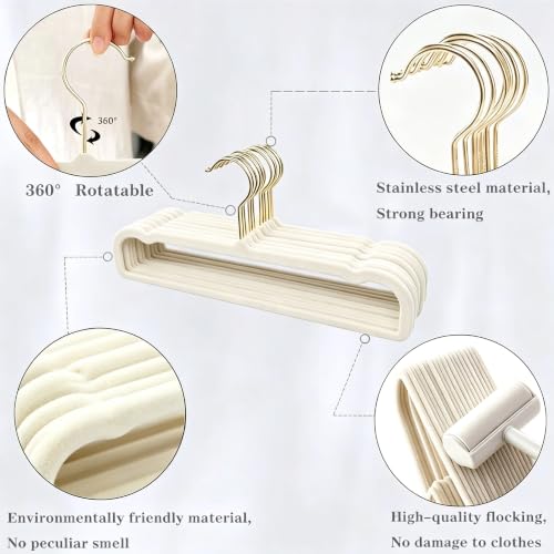 Image of 20 Pack Velvet Pants Hangers for Closet Space Saving, Thin Hanger(White) | Heavy Duty Flocked Trouser Hangers,Strong, Durable, Clothes Hanger with Golden Swivel Hook, Jean Hangers for Women and Men