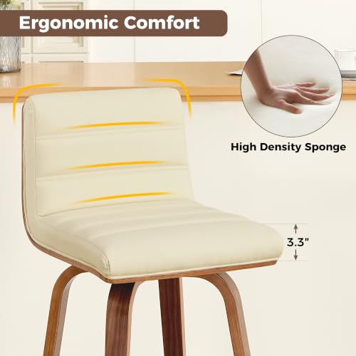 Image of Swivel Bar Stools Set of 4,26 inch Faux Leather Counter Height Barstools with Back,Mid Century Modern Upholstered Bar Chairs with Bentwood Legs Island Stools for Kitchen Counter Beige