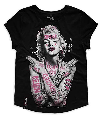 Pistol Boutique T-shirt à manches roulées et col rond pour femme Motif graffiti Marilyn Monroe Noir - Noir - Medium Cover
