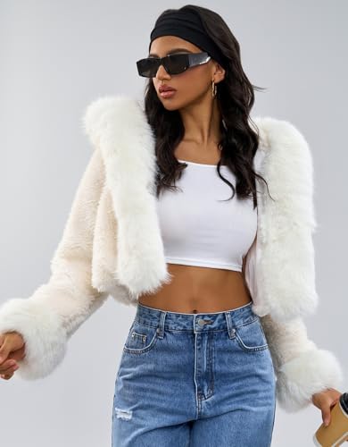 Women's Fluffy Cropped Faux Fur Hooded Jacket Coats,Shaggy Mini Short Crop Cardigan Outwear Parka Tops2