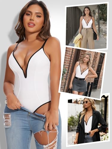 Image of SHAPERIN Bodysuit for Women Shapewear Tummy Control Deep V Neck Plunge Sleeveless Backless Thong Body Suit Tank Top