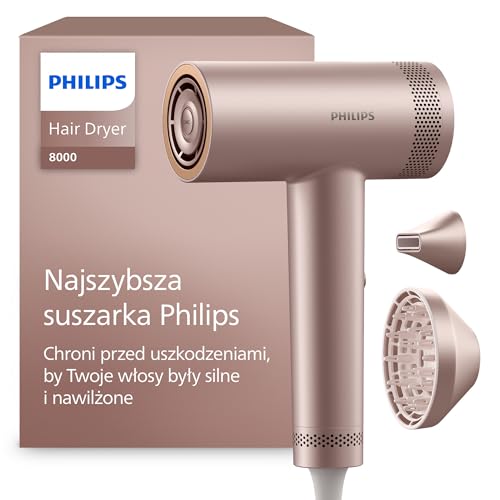 Philips Suszarka z serii 8000: ThermoShield Advanced i bezszczotkowy silnik DC, szybkie suszenie i optymalną pielęgnację, 1400 W, color Rose Champagne, nasadka i dyfuzor, model BHD837/10