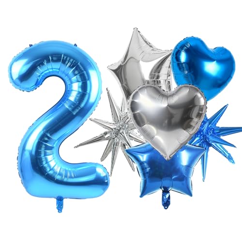 Image of TONIFUL 2nd Birthday Balloons Kit 40 Inch Blue Large Number 2 Foil Balloon | with 18Inch Helium Mylar Heart Star Shaped Balloons for Boy Men Birthday Anniversary Graduation New Year Eve Party Decoration