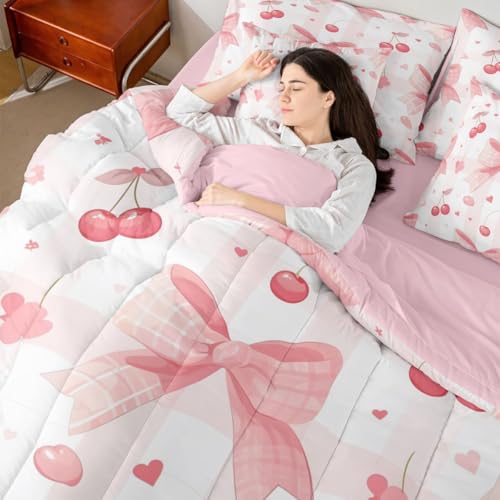 Image of Pink Cherry Bow Bed in a Bag Queen Comforter Set 7 Piece | Kawaii Bow Tie Bedding Sets Dreamy Princess Bowknot Comforter and Sheet Set, Watercolor Ribbon Bowknot Bed Sets,Cute Room Decor