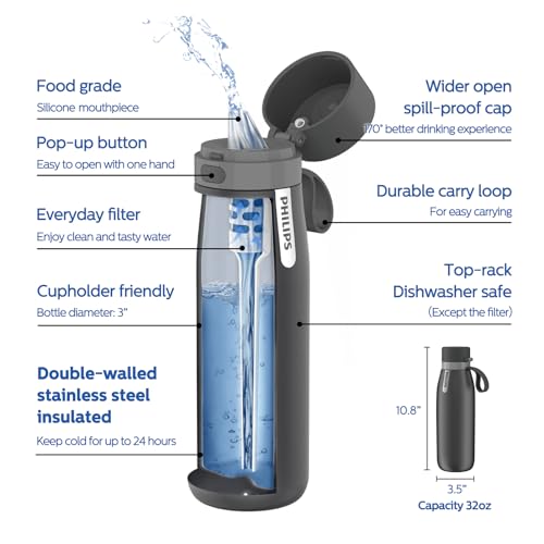 Image of PHILIPS Filtered Water Bottle Stainless Steel Travel Keeps Cold 32oz Grey | Insulated BPA-Free Water Bottle With Leakproof Lid. Filter Removes Chlorine & Odor, Lasting 2 Months Or 40 Gallons